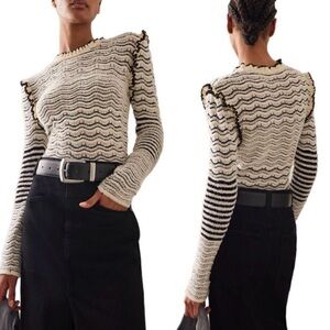 Ulla Johnson Black and Cream Wavy Knit Sweater